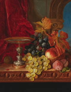Edward Ladell (1821-1886), Still life with grapes and peaches: Edward Ladell(1821-1886)Still life with grapes and peachesOil on canvas laid to canvasSigned with the artist's monogram along the lower left edge: EL18" H x 14" W