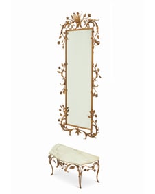 A hand-wrought gilt tole mirror and console