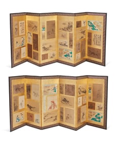 A pair of Japanese six-panel decoupage byobu screens