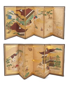 A pair of Japanese six-panel narrative byobu screens