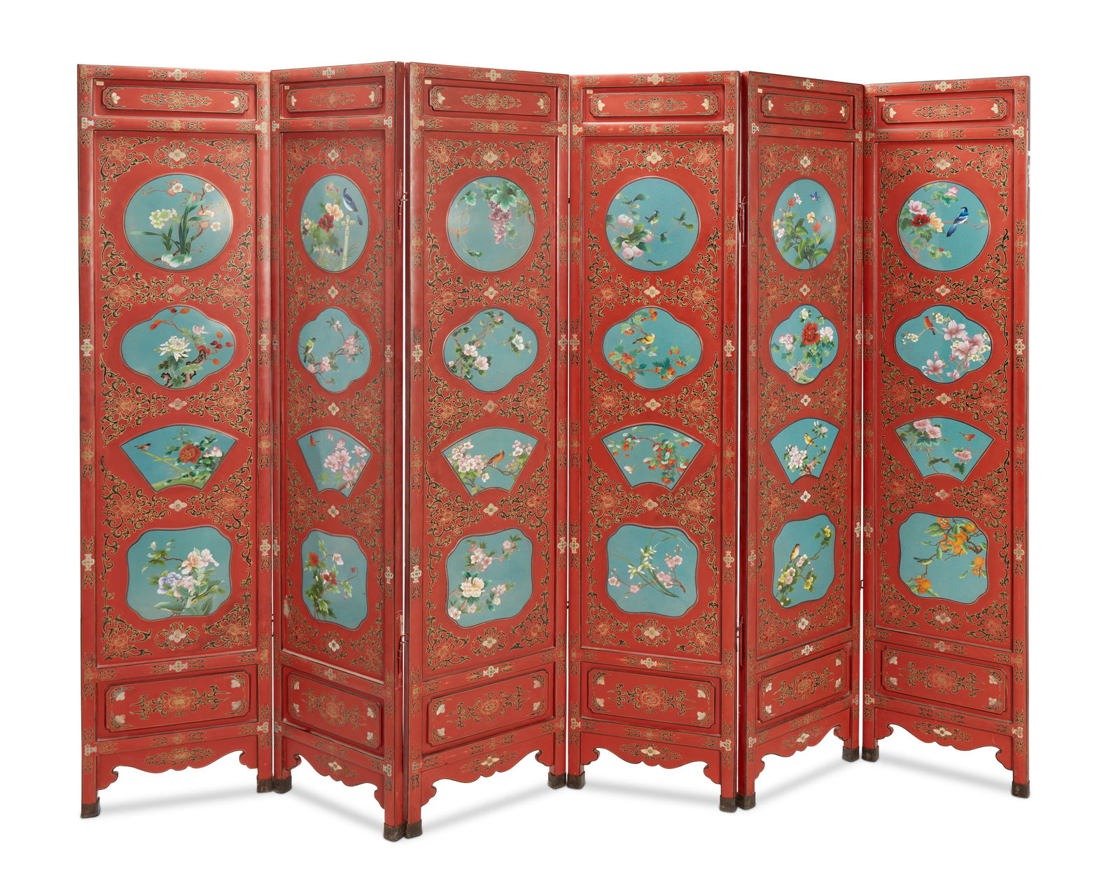 A Chinese six-panel cloisonne-mounted lacquered screen (1 of 11)