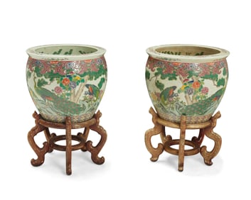 A pair of Chinese porcelain fishbowl jardinieres