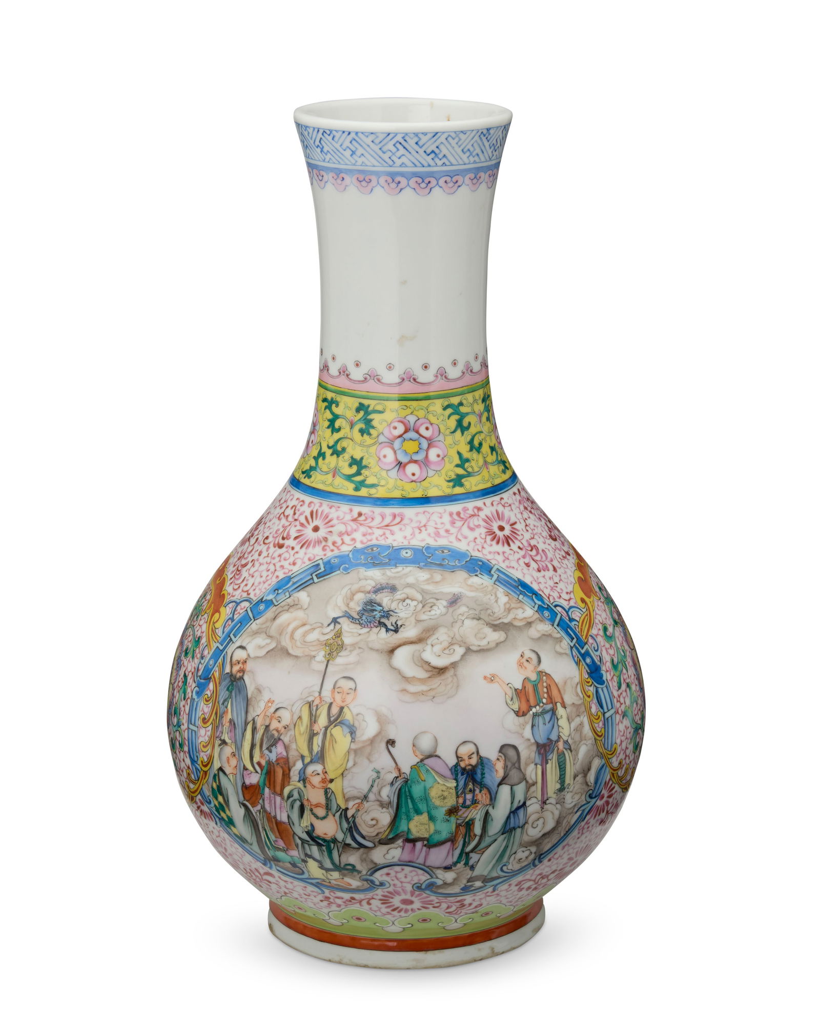 A Chinese Famille Rose porcelain vase: A Chinese Famille Rose porcelain vase20th/21st centuryStamped to underside in blue underglazeThe vase with alternating floral motifs and friezes depicting courtly figures16.25" H x 9.25" Dia