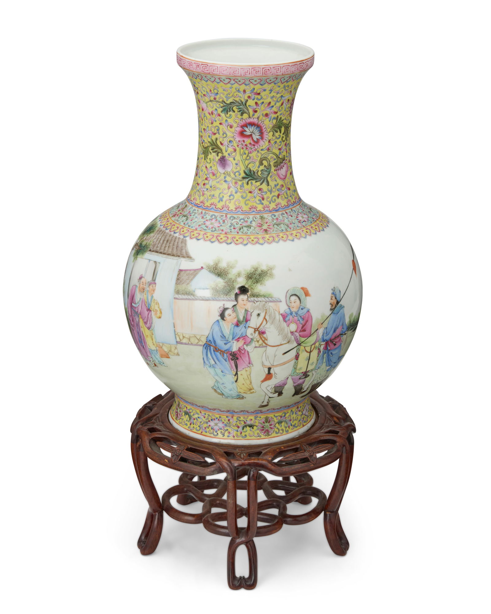 A Chinese Famille Jaune porcelain vase: A Chinese Famille Jaune porcelain vase20th/21st centuryMarked in red underglaze bearing an apocryphal reign mark for Qianlong Period (1736-1795); with inscription to bodyThe vase body depicting figure