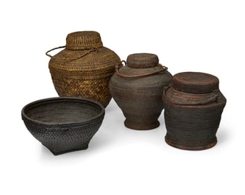 A group of Filipino Ifugao woven basketry vessels