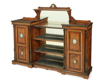A Victorian burlwood and marquetry etagere cabinet