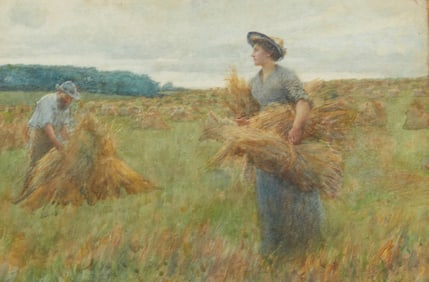 Alfred Edward Emslie (1848-1917), Man and woman harvesting wheat