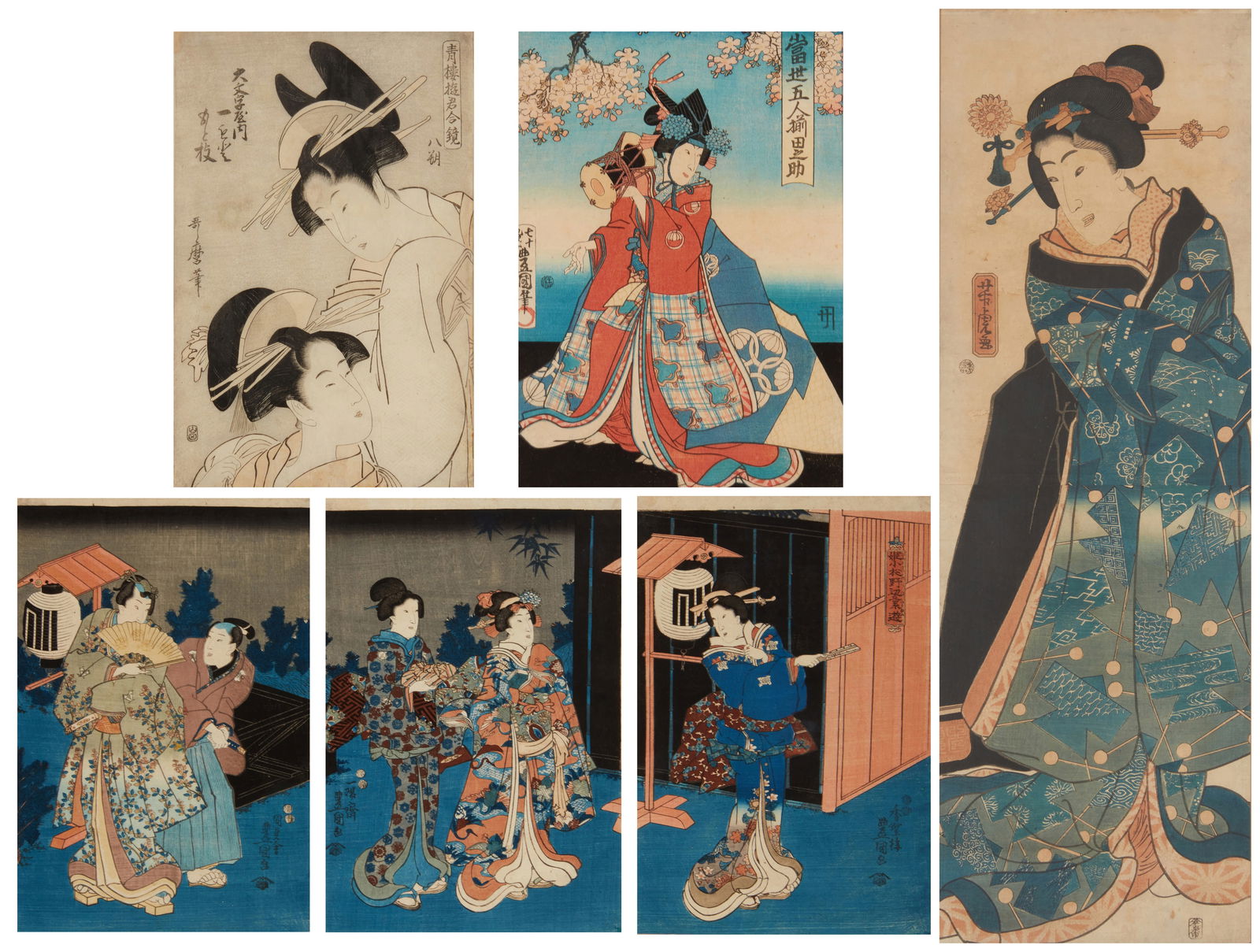 A group of Japanese woodcuts: A group of Japanese woodcutsFour works:Kitagawa Utamaro (circa 1753-1806)Two femalesWoodcut in colors on paperFrom the edition of unknown size and dateWith printed seals and Japanese charactersSi