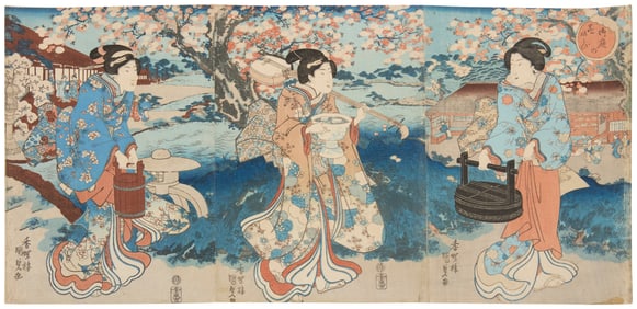 Utagawa Kunisada (1786-1865), "Enjoying Flowers in the Inner Garden" (Oniwa hana no asobi), triptych