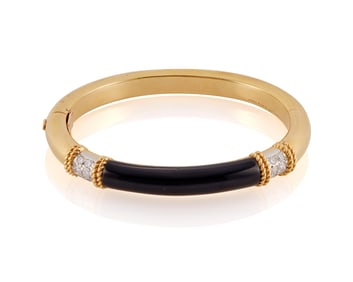 Fred Paris: An 18K Gold, Onyx and Diamond Hinged Bangle