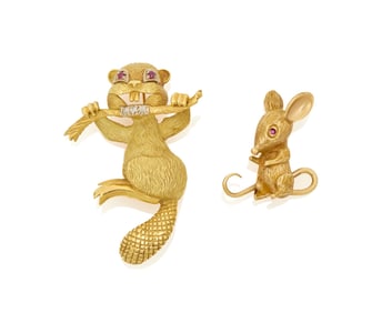 Two Gold and Ruby Brooches