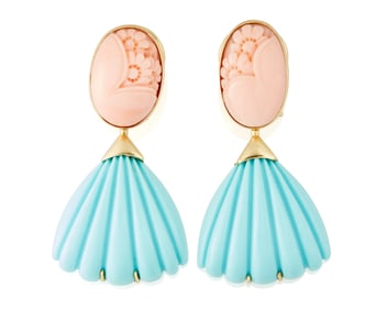 A Pair of 18K Gold, Coral and Turquoise Earrings