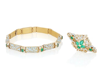 A Revival Gold, Enamel and Emerald Brooch and Bracelet Set