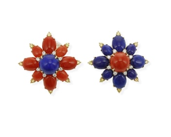 A pair of coral and lapis flower ear clips