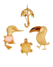 A Group of Four 18K Gold and Gem-Set Brooches