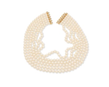 A Gold, Cultured Pearl and Diamond Necklace
