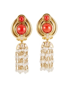 A Pair of Gold, Coral, Diamond and Pearl Earrings