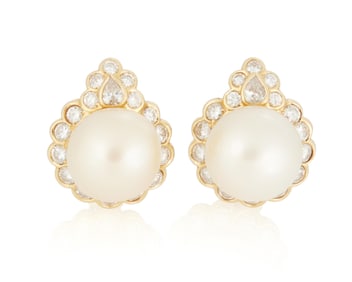 A Pair of 18K Gold, Cultured Pearl and Diamond Earrings
