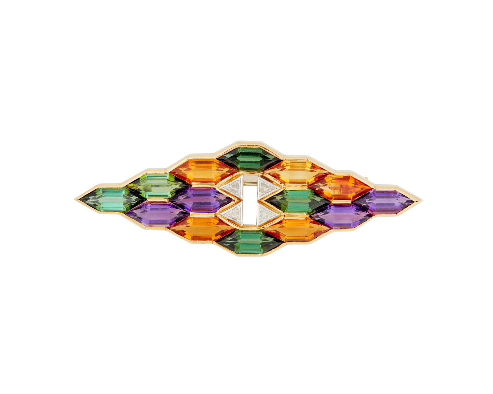 Andrew Grima: An 18K Gold, Gem-Set and Diamond Brooch, 1970: Andrew Grima: An 18K Gold, Gem-Set and Diamond Brooch, 1970Of a stepped navette design set with numerous hexagonal faceted green tourmalines, amethysts, and citrine accented by four triangular faceted