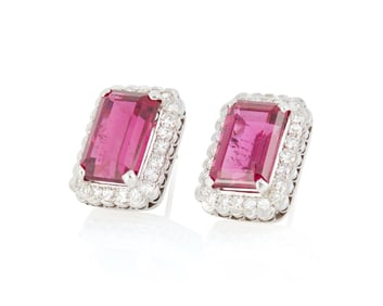 A Pair of 14K White Gold, Rubellite and Diamond Earrings