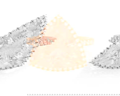 A 14K Rose Gold, Morganite and Diamond Ring: A 14K Rose Gold, Morganite and Diamond RingCentering a trillion-cut morganite measuring approximately 13.94 x 14.17 x 8.74 mm, accented by round diamondsSize: 6 3/45.95 grams gross
