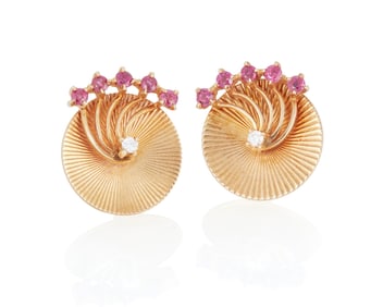 A Pair of Gold, Diamond and Ruby Earrings