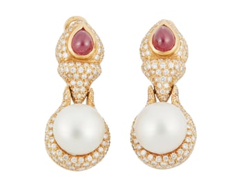 A Pair of 18K Gold, Cultured Pearl, Ruby and Diamond Earrings