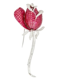 An 18K White Gold, Ruby and Diamond Brooch