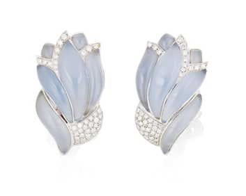A Pair of White Gold, Chalcedony and Diamond Earrings