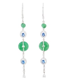 A Pair of White Gold, Jadeite Jade, Sapphire and Diamond Earrings