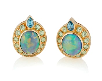 A Pair of 18K Gold, Black Opal and Gem-Set Earrings