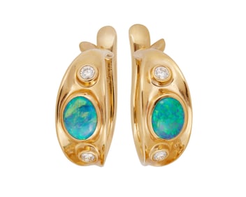 A Pair of 18K Gold, Black Opal and Diamond Hoop Earrings