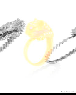 Ilias LaLaounis : An 18K Gold, Diamond and Ruby Ring: Ilias LaLaounis : An 18K Gold, Diamond and Ruby RingFeaturing a cat's head design accented by rose-cut diamonds and finished with two ruby eyes, signed Lalaounis, GreeceSize: 913.6 grams grossProperty