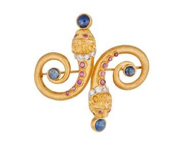 Ilias Lalaounis: An 18K Gold, Sapphire, Ruby and Diamond Brooch