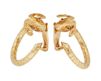 A Pair of 18K Gold and Ruby Earclips