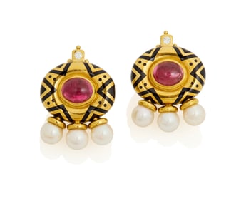 Elizabeth Gage: A Pair of Gold and Rubellite "African Queen" Earclips