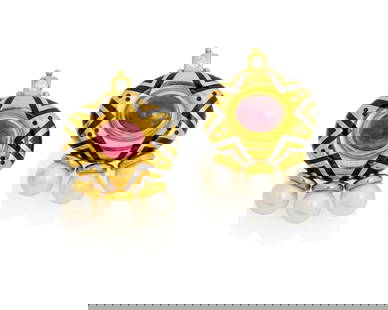 Elizabeth Gage: A Pair of Gold and Rubellite "African Queen" Earclips: Elizabeth Gage: A Pair of Gold and Rubellite "African Queen" EarclipsOf an ornate design featuring a black enamel design, centering oval rubellite tourmaline cabochons, with six round cultur