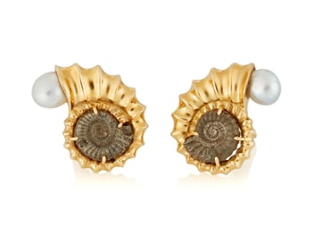 Elizabeth Gage: A Pair of 18K Gold, Ammonite and Cultured Pearl Earclips