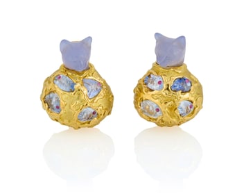 Elizabeth Gage: A Pair of Gold, Calcedony and Ruby Earrings
