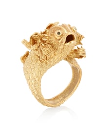 A Gold and Green Stone Fish Ring