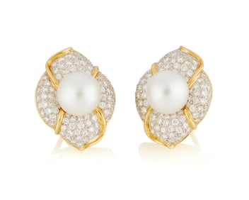 A Pair of 18K Gold, Cultured Pearl and Diamond Earrings