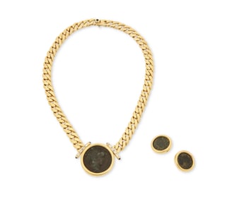 An 18K Gold and Ancient Coin Necklace and Earring Set