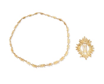 F.J. Cooper: A Gold and Diamond Brooch and Necklace Set