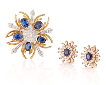 A Gold, Sapphire and Diamond Pendant/Brooch and Earring Set