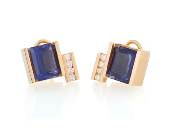 A Pair of Gold, Iolite and Diamond Earrings