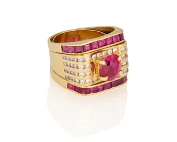 A 14K Gold, Ruby and Diamond Ring