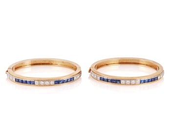 A Pair of 14K Gold, Sapphire and Diamond Bangles