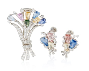 J. E. Caldwell: A Platinum, Colored Sapphire and Diamond Brooch and Earring Set