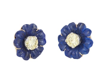 A Pair of Gold, Platinum, Fancy Yellow Diamond and Lapis Lazuli Earrings