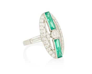 A Platinum, Emerald and Diamond Ring